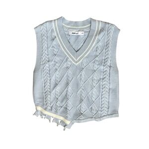 Cable Knit Sweater Vest Blue Anime Vibes Diamond Pattern‎ Sleeveless Pullover